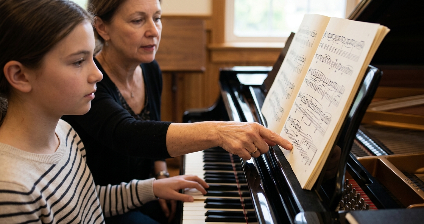 učitelka ukazuje žákyni dynamické značky crescendo a piano v notách